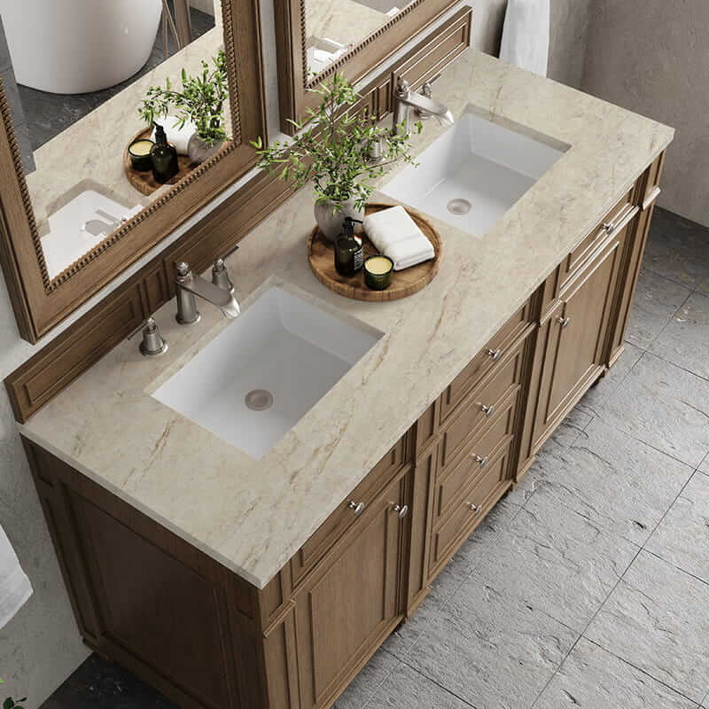 James Martin Bristol 60 Inch Double Vanity in Saddle Brown With Tajnar Eclos Top