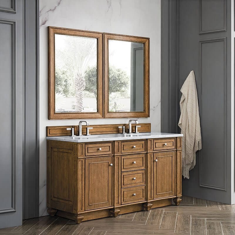 James Martin Bristol 60 Inch Double Vanity Saddle Brown With Arctic Fall Solid Surface Top