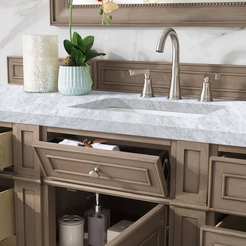 James Martin Bristol 60 Inch Double Vanity Whitewashed Walnut With Carrara Marble Top