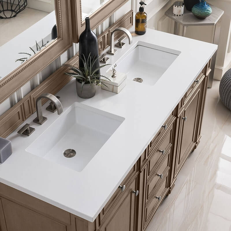 James Martin Bristol 60 Inch Double Vanity Whitewashed Walnut With White Zeus Silestone Top