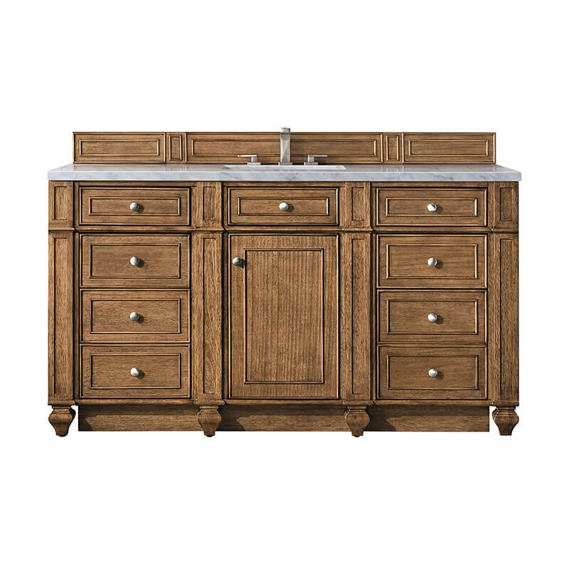 James Martin Bristol 60" Single Vanity Saddle Brown With Carrara Marble Top