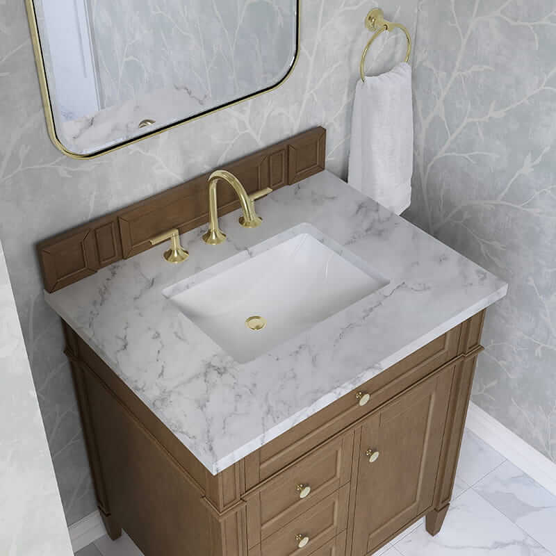 James Martin Brittany 30 Inch Single Vanity in Pecan With Carrara Marble Top