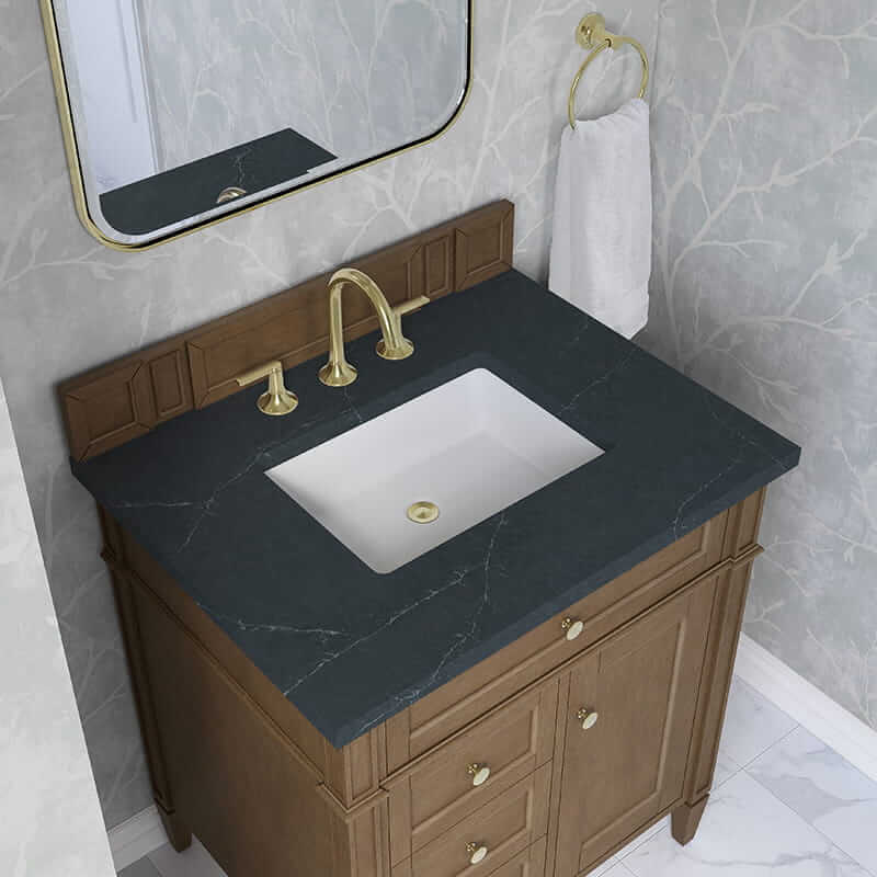 James Martin Brittany 30 Inch Single Vanity in Pecan With Charcoal Soapstone Silestone Top