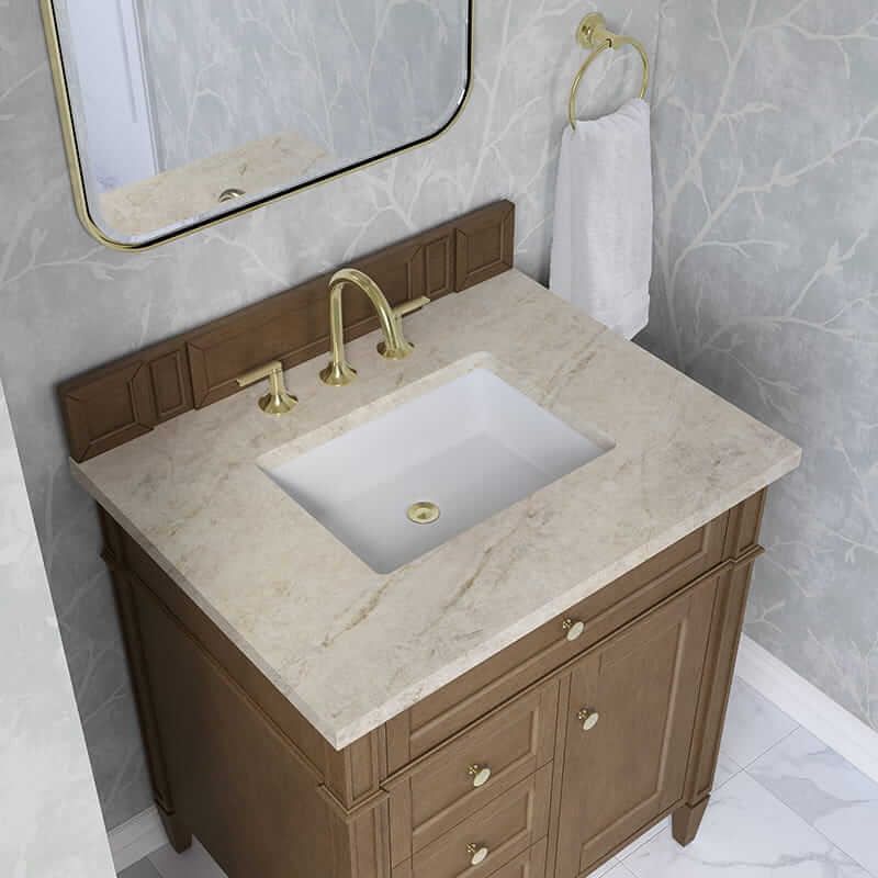 James Martin Brittany 30 Inch Single Vanity in Pecan With Tajnar Eclos Top