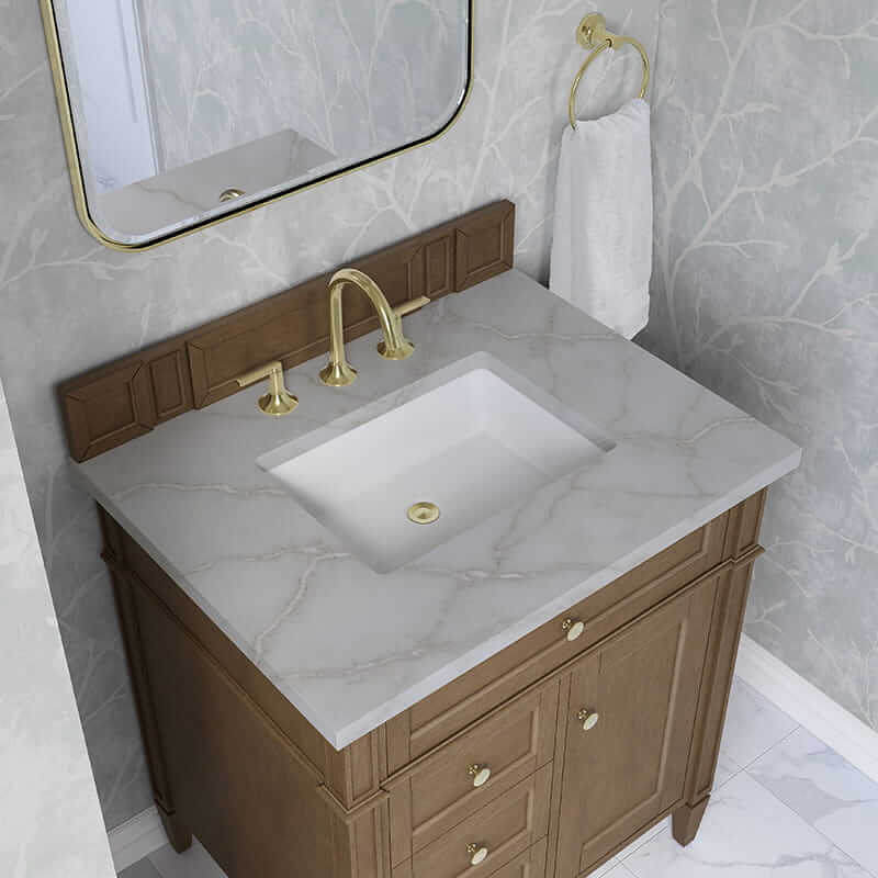 James Martin Brittany 30 Inch Single Vanity in Pecan With Victorian Silver Silestone Top