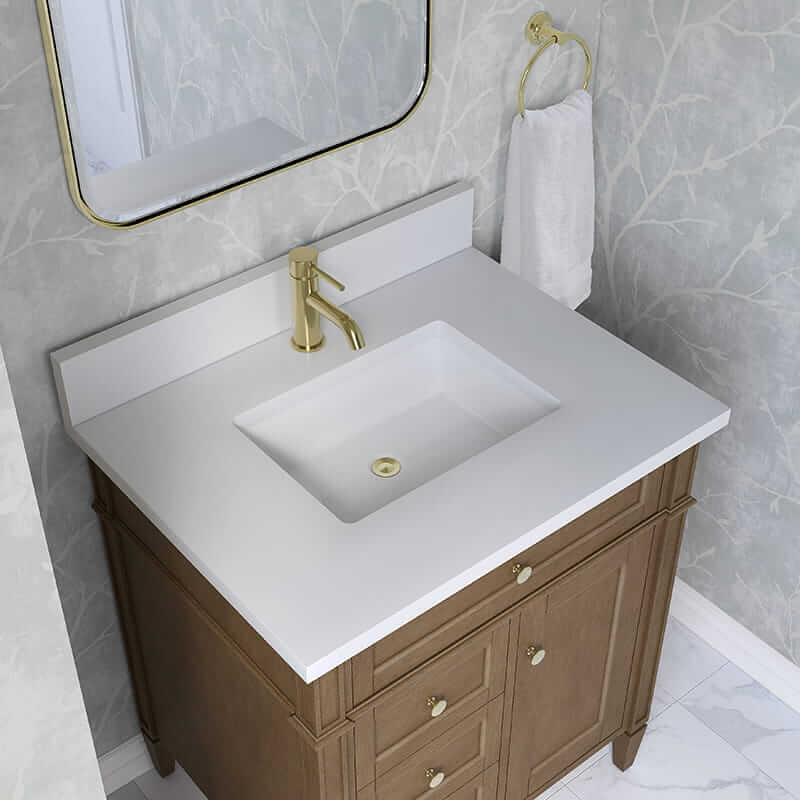 James Martin Brittany 30" Single Vanity in Pecan With Single Hole Faucet White Zeus Silestone Top Backsplash