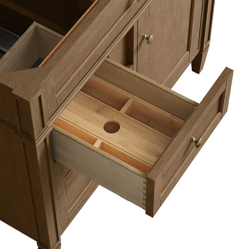 James Martin Brittany 36 Inch Single Vanity in Pecan Drawers Up Close
