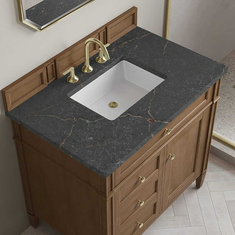 James Martin Brittany 36 Inch Single Vanity in Pecan With Parisien Bleu Silestone Top