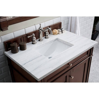 James Martin Brittany 36" Single Vanity Burnished Mahogany With Arctic Fall Solid Surface Top