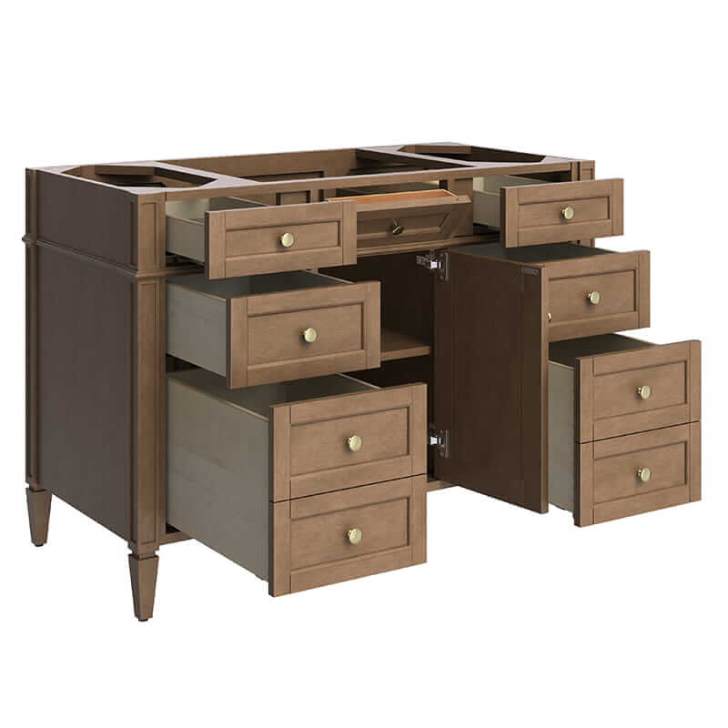James Martin Brittany 48 Inch Single Vanity in Pecan Corner View Open Drawers