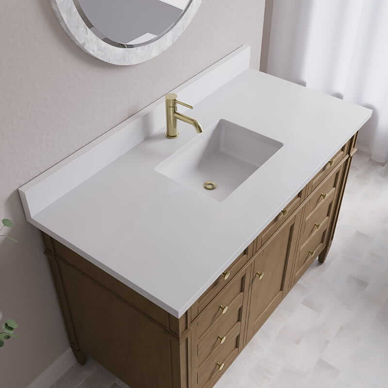 James Martin Brittany 48 Inch Single Vanity in Pecan With Single Hole Faucet White Zeus Silestone Top Backsplash