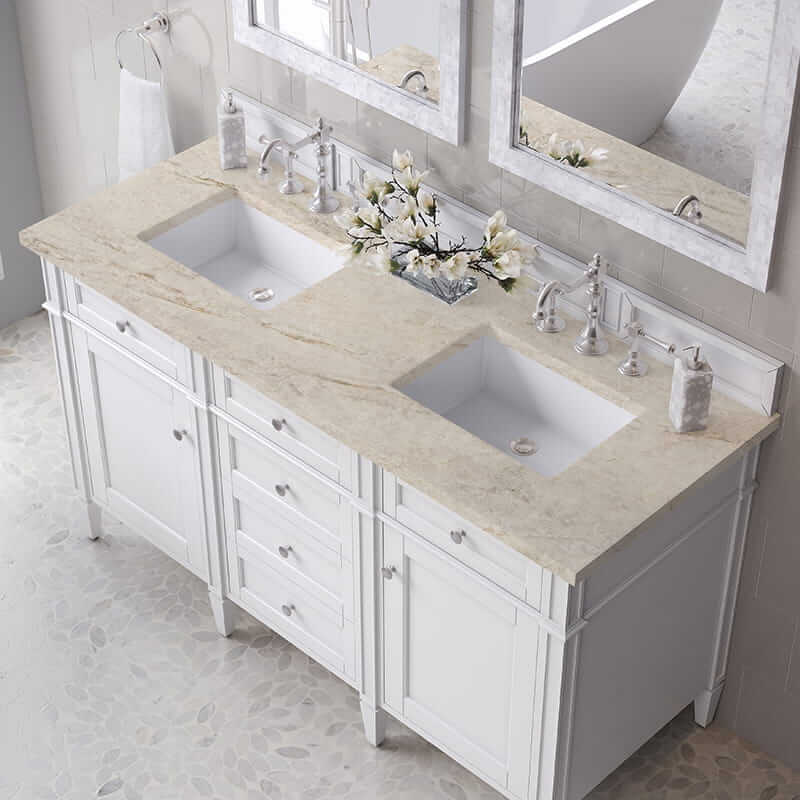 James Martin Brittany 60 Double Vanity in Bright White With Tajnar Eclos Top
