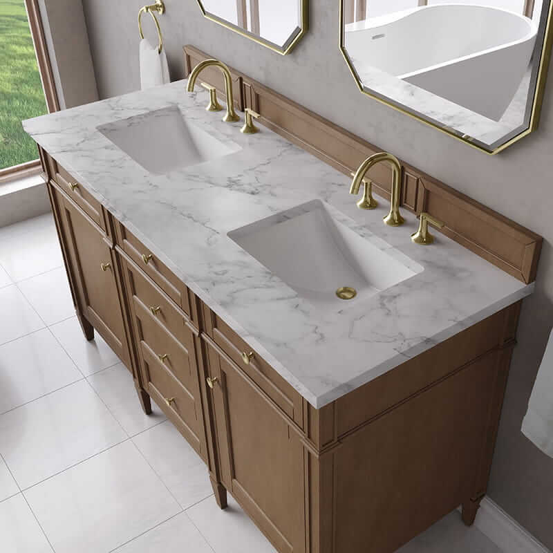 James Martin Brittany 60" Double Vanity in Pecan With Carrara Marble Top