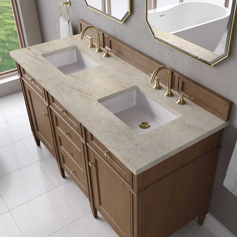 James Martin Brittany 60" Double Vanity in Pecan With Tajnar Eclos Top