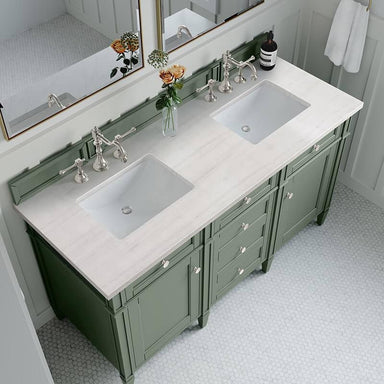 James Martin Brittany 60" Double Vanity Smokey Celadon With Arctic Fall Top