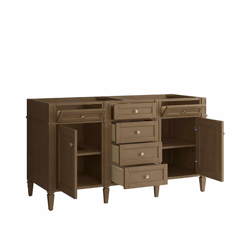 James Martin Brittany 60 Inch Double Vanity in Pecan Corner View Open Drawers