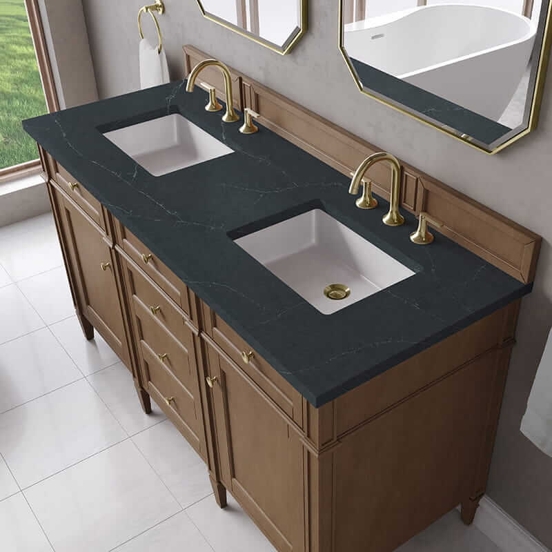 James Martin Brittany 60 Inch Double Vanity in Pecan With Charcoal Soapstone Silestone Top