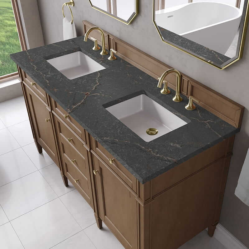 James Martin Brittany 60 Inch Double Vanity in Pecan With Parisien Bleu Silestone Top