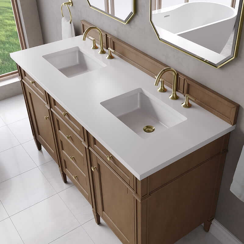James Martin Brittany 60 Inch Double Vanity in Pecan With White Zeus Silestone Top