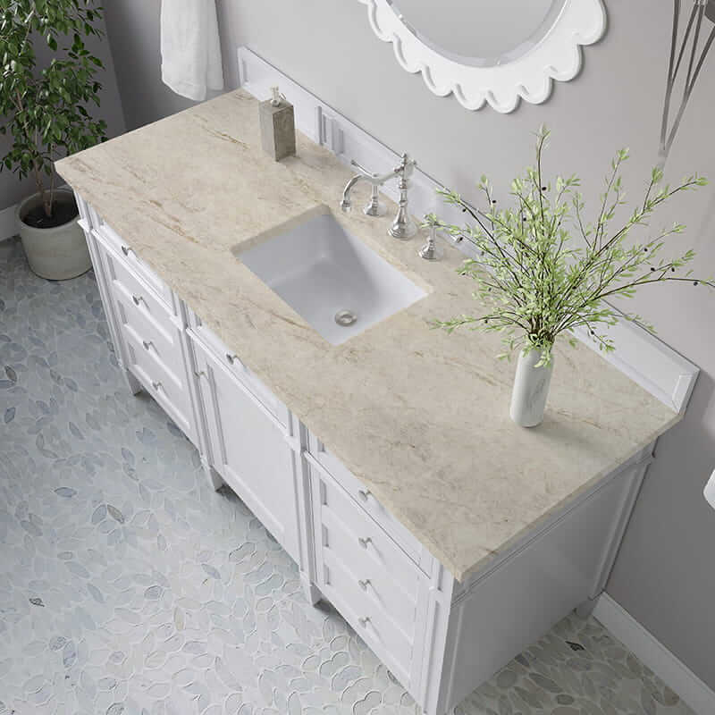 James Martin Brittany 60 Inch Single Vanity in Bright White With Tajnar Eclos Top