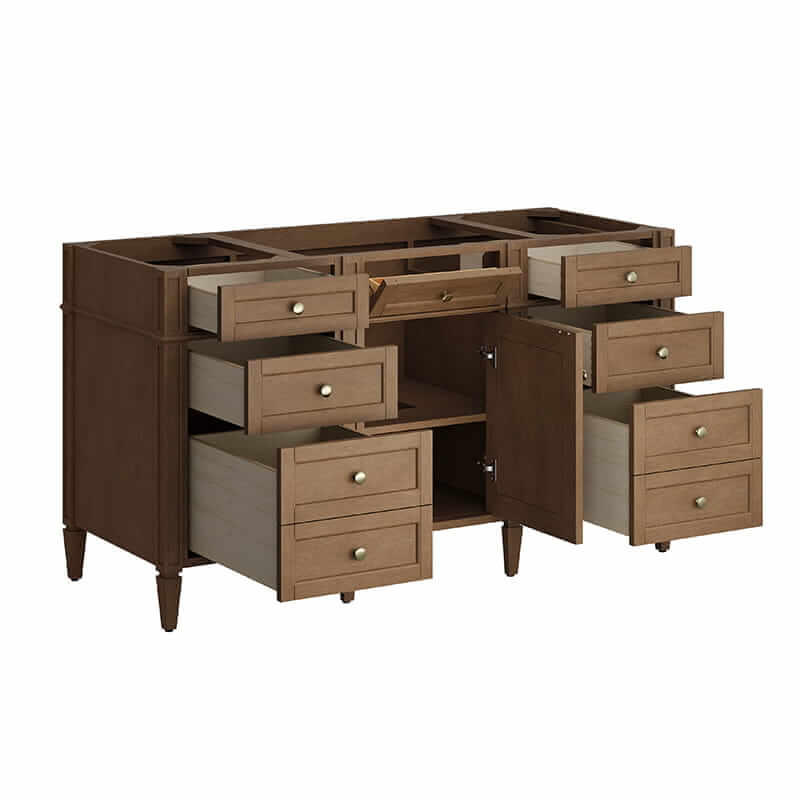 James Martin Brittany 60 Inch Single Vanity in Pecan Corner View Open Drawers