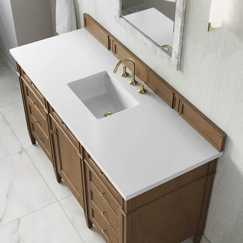 James Martin Brittany 60 Inch Single Vanity in Pecan With White Zeus Silestone Top