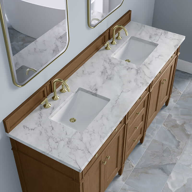 James Martin Brittany 72" Double Vanity in Pecan With Carrara Marble Top