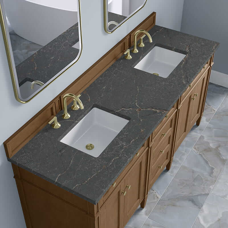 James Martin Brittany 72" Double Vanity in Pecan With Parisien Bleu Silestone Top