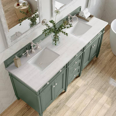 James Martin Brittany 72" Double Vanity Smokey Celadon With Arctic Fall Top