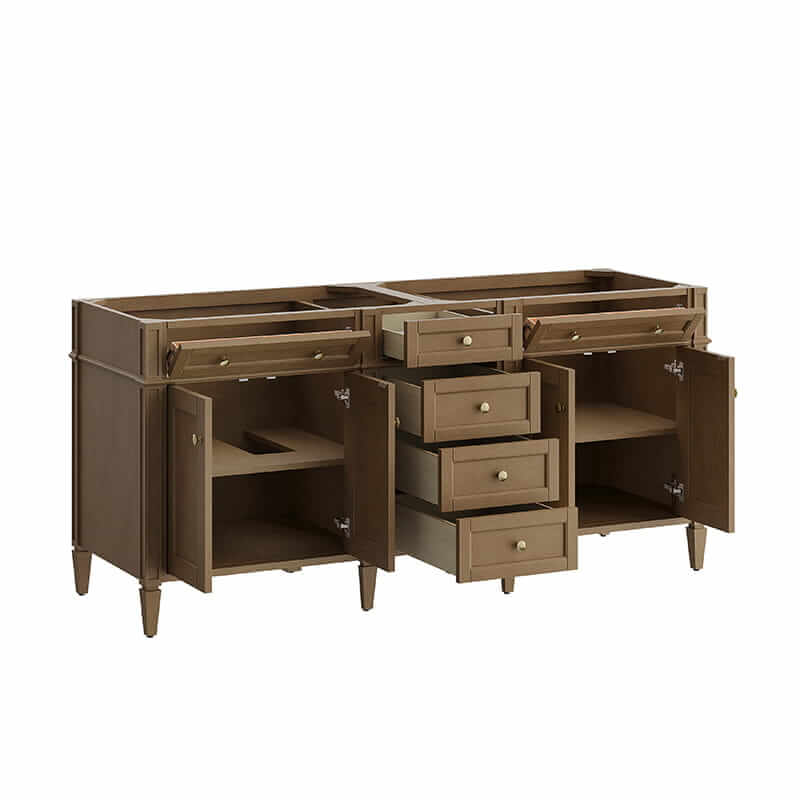 James Martin Brittany 72 Inch Double Vanity in Pecan Corner View Open Drawers