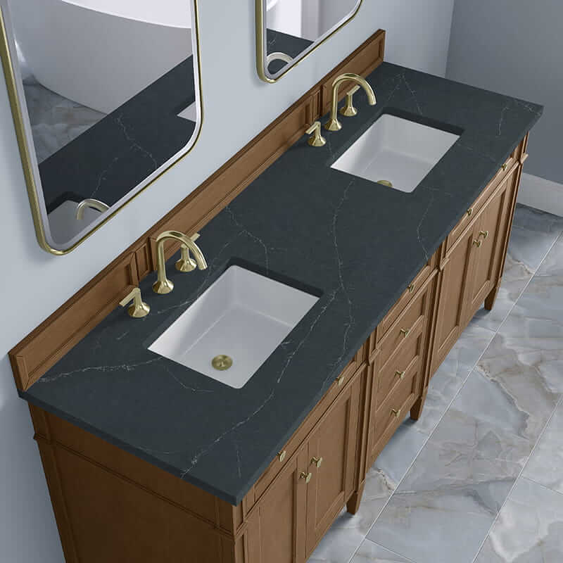 James Martin Brittany 72 Inch Double Vanity in Pecan With Charcoal Soapstone Silestone Top