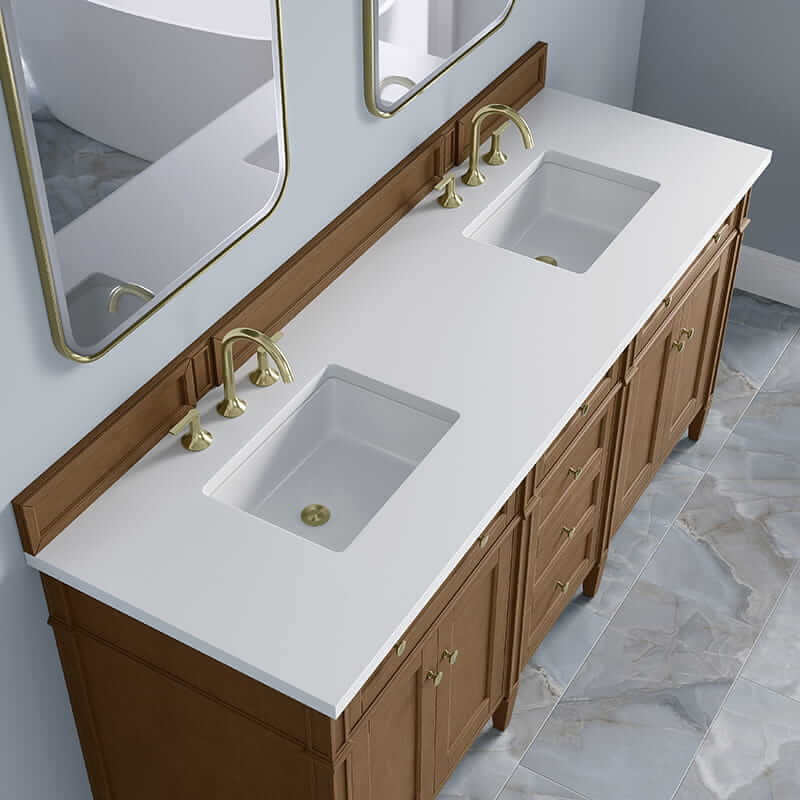 James Martin Brittany 72 Inch Double Vanity in Pecan With White Zeus Silestone Top
