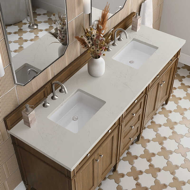James Martin Brittany 72 Inch Double Vanity in Saddle Brown With Siberian Silestone Top