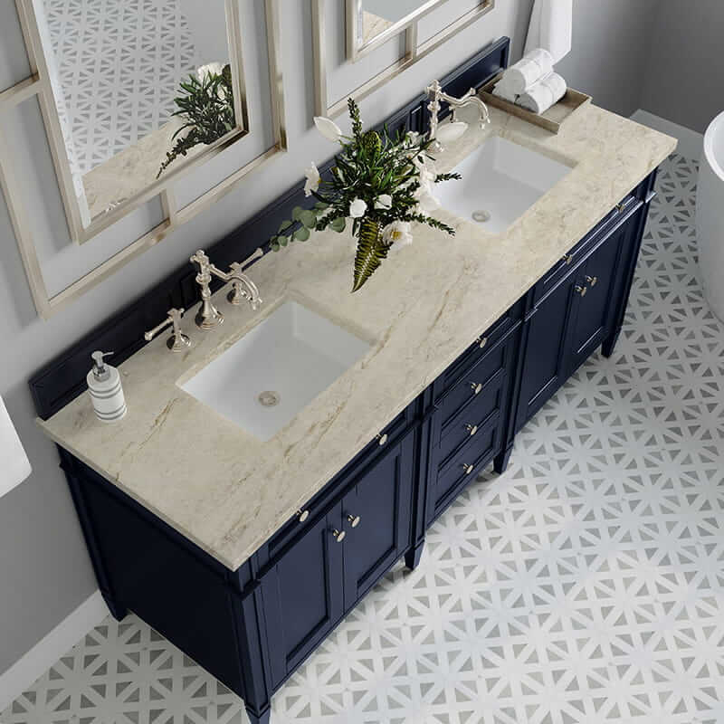 James Martin Brittany 72 Inch Double Vanity in Victory Blue With Tajnar Eclos Top