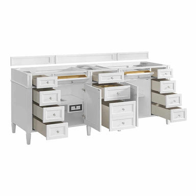 James Martin Brittany 84" Double Vanity in Bright White Corner View Open Drawers