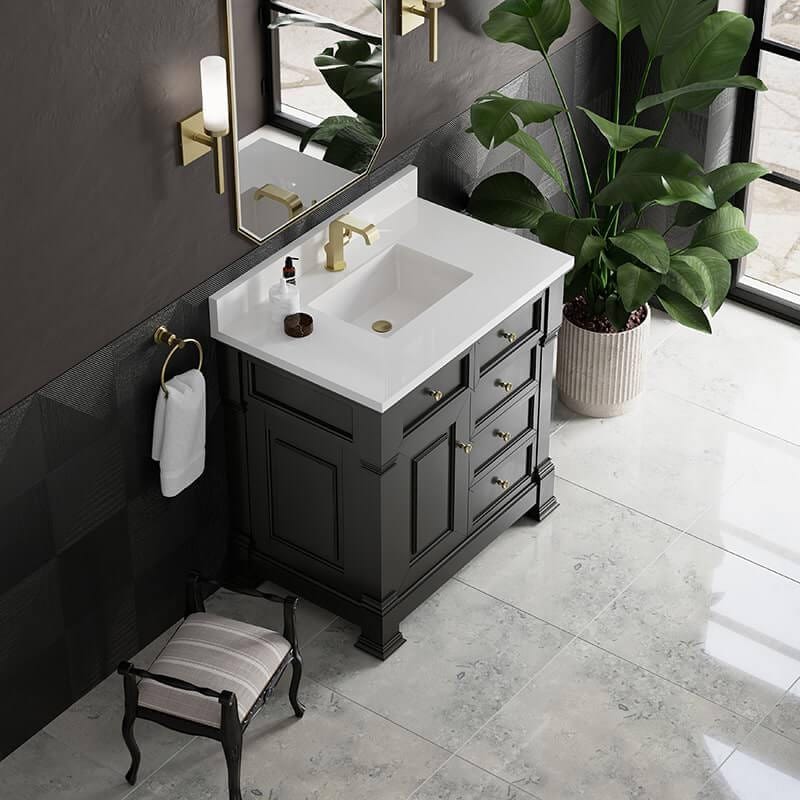 James Martin Brookfield 36 Inch Single Vanity in Black Onyx With Single Hole Faucet White Zeus Silestone Top Backsplash