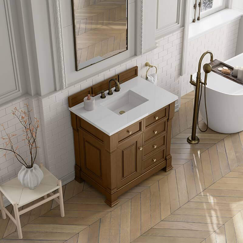 James Martin Brookfield 36 Inch Single Vanity in Honey Oak With White Zeus Silestone Top