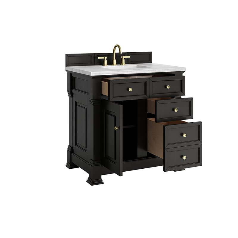 James Martin Brookfield 36" Single Vanity Black Onyx Arctic Fall Solid Surface Top Corner View