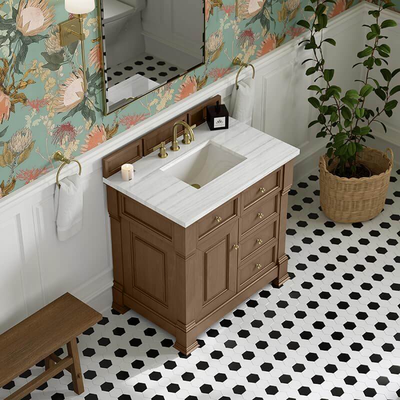 James Martin Brookfield 36" Single Vanity in Pecan With Arctic Fall Solid Surface Top