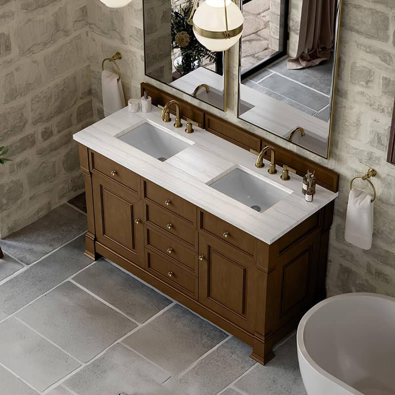 James Martin Brookfield 60" Double Vanity Honey Oak With Arctic Fall Solid Surface Top
