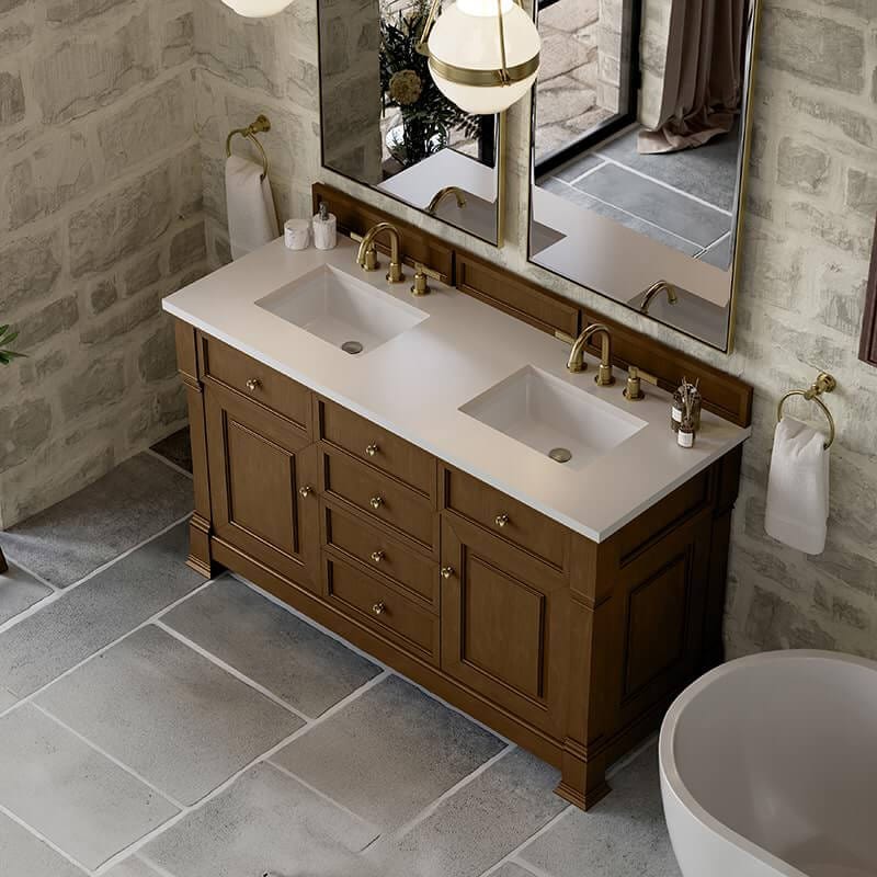 James Martin Brookfield 60 Inch Double Vanity Honey Oak With White Zeus Silestone Top