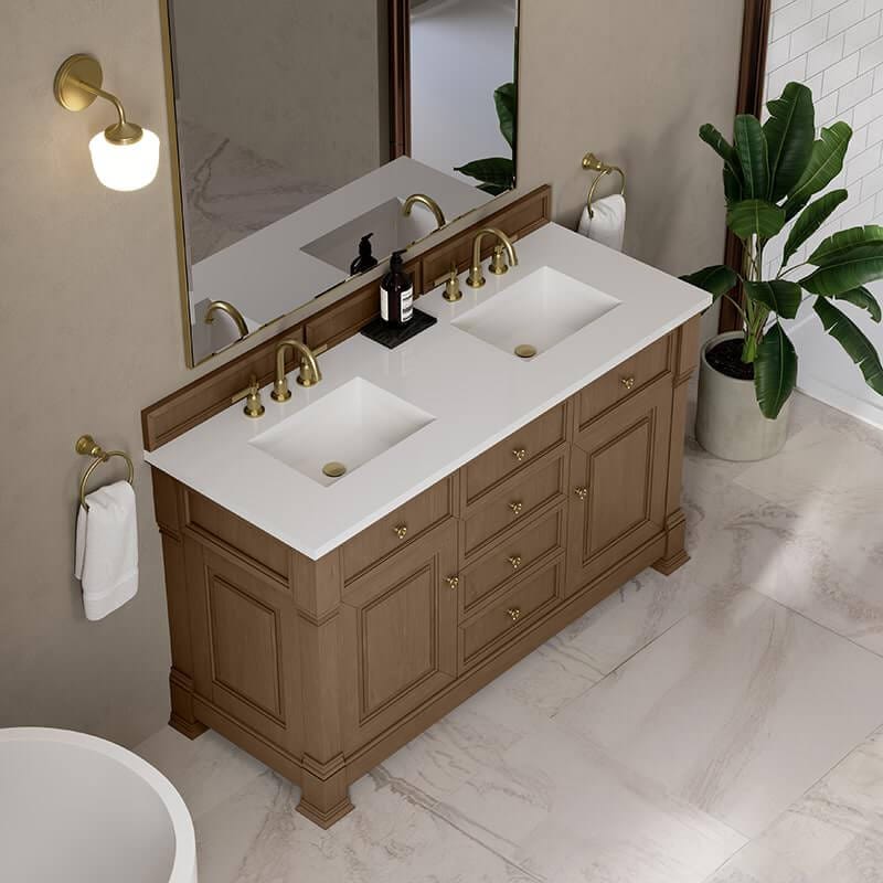 James Martin Brookfield 60 Inch Double Vanity Pecan With White Zeus Silestone Top