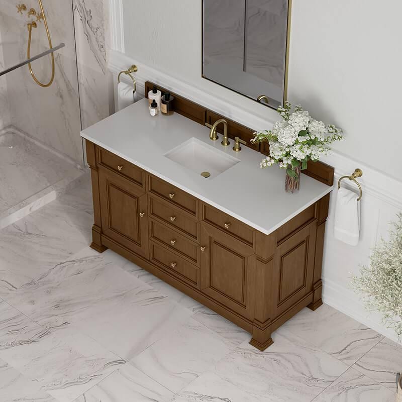 James Martin Brookfield 60 Inch Single Vanity Honey Oak With White Zeus Silestone Top