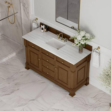 James Martin Brookfield 60" Single Vanity Honey Oak With Arctic Fall Solid Surface Top