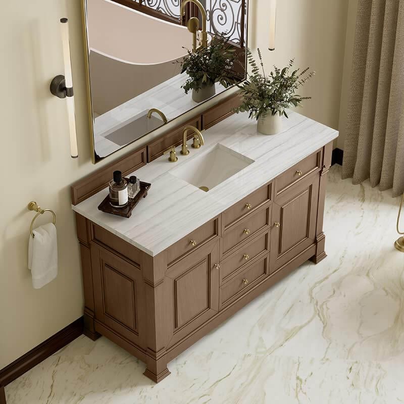 James Martin Brookfield 60" Single Vanity Pecan With Arctic Fall Solid Surface Top