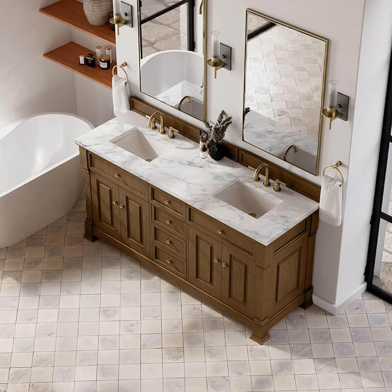 James Martin Brookfield 72" Double Vanity Honey Oak With Carrara White Marble Top