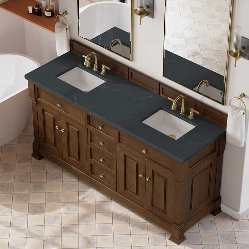 James Martin Brookfield 72" Double Vanity in Honey Oak With Charcoal Soapstone Silestone Top