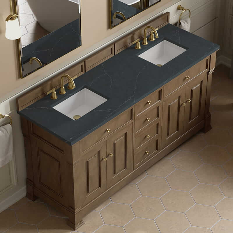 James Martin Brookfield 72" Double Vanity in Pecan With Charcoal Soapstone Silestone Top