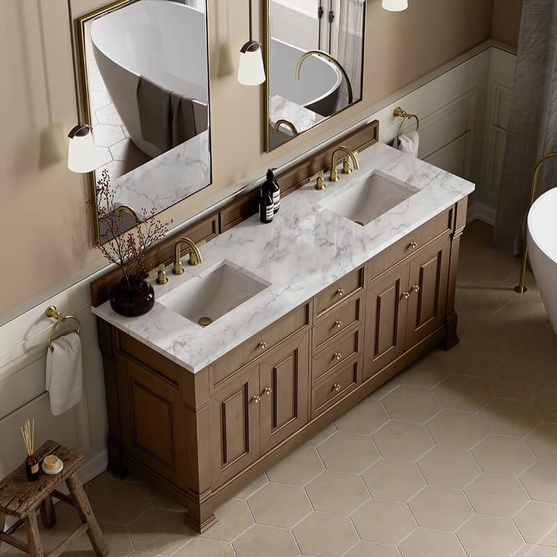 James Martin Brookfield 72" Double Vanity Pecan With Carrara White Marble Top