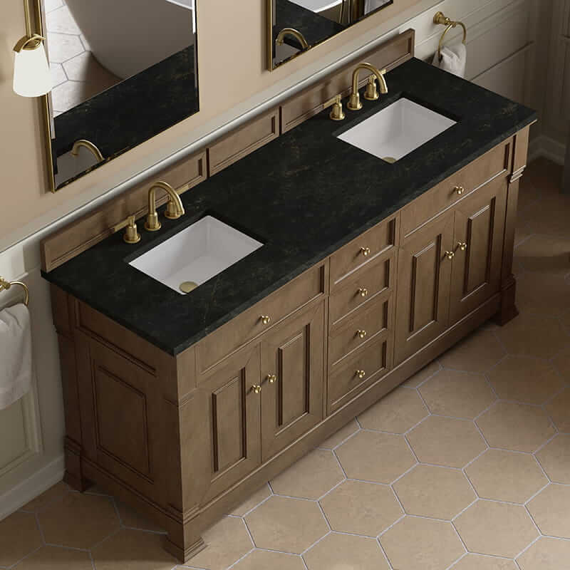 James Martin Brookfield 72 Inch Double Vanity in Pecan With Phantome Eclos Top